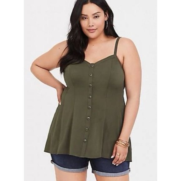 torrid Tops - Torrid Olive Green Stretch Challis Fit & Flare Button Cami Size 2 2X 18 20